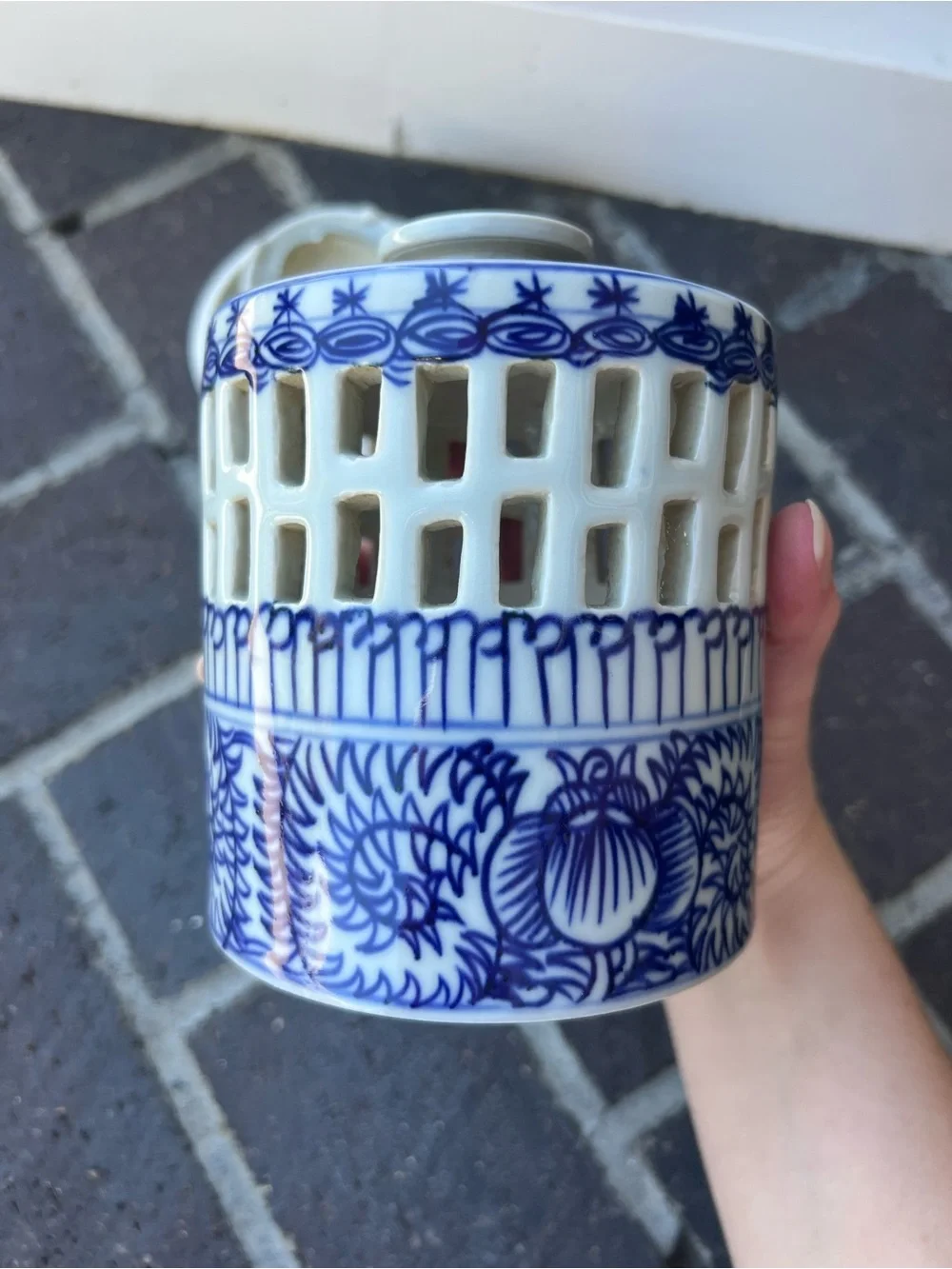 Vintage Chinese Blue and White Porcelain Candle Lantern